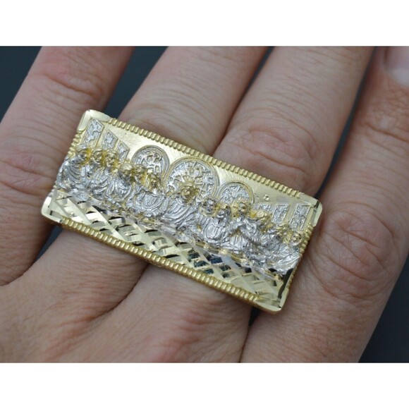 10K Solid Yellow Gold Mens Last Supper Two Finger Ring